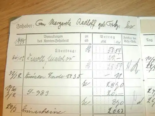 altes Sparbuch Schwerin , 1934 - 26.Apri 1945 ,Margarete Radloff geb. Fritz in Schwerin i. Mecklenburg , Sparkasse ,Bank