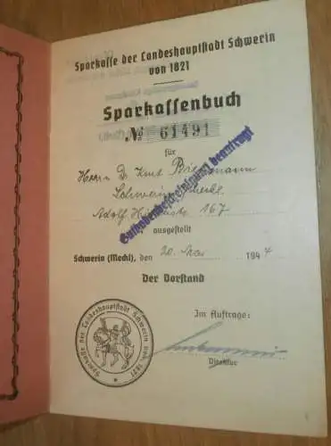 altes Sparbuch Schwerin , 1944 - 1945 , Dr. Kurt Brießmann in Schwerin i. Mecklenburg , Sparkasse , Bank !!