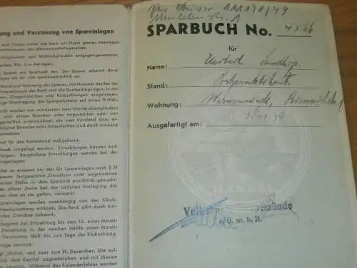 altes Sparbuch Warnemünde , 1934 - 1945 , Herbert Sandhop in Rostock / Warnemünde i. Mecklenburg , Sparkasse , Bank !!