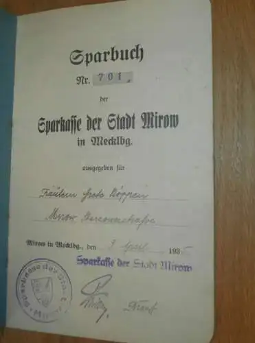 altes Sparbuch Mirow , 1935 - 1940 , Grete Köppen in Mirow i. Mecklenburg , Sparkasse , Bank !!