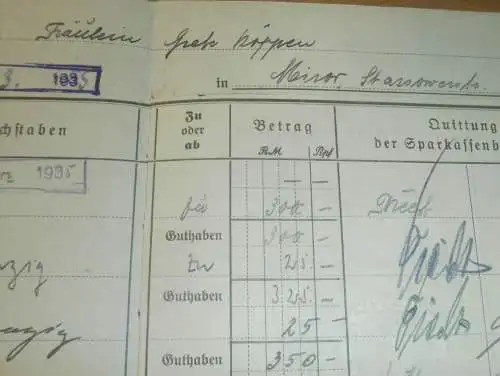 altes Sparbuch Mirow , 1935 - 1940 , Grete Köppen in Mirow i. Mecklenburg , Sparkasse , Bank !!