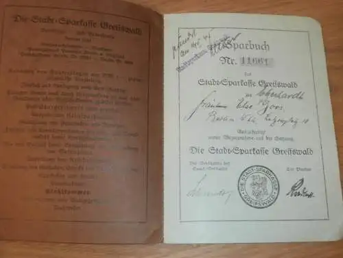 altes Sparbuch Greifswald  , 1936 - 1944 , Else Joos in Berlin / Greifswald i. Mecklenburg , Sparkasse !!