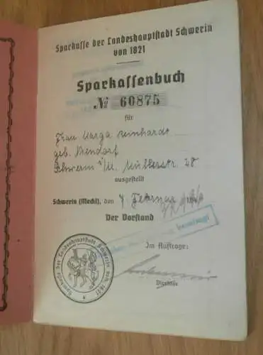 altes Sparbuch Schwerin , 1944 - 1945 , Marga Reinhardt geb. Niendorf in Schwerin i. Mecklenburg , Sparkasse !!