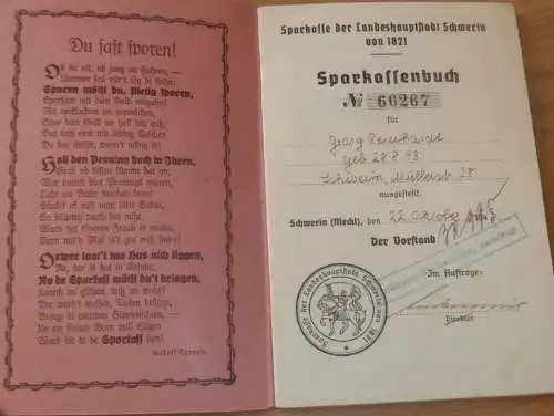 altes Sparbuch Schwerin , 1943 - 1945 , Georg Reinhardt in Schwerin i. Mecklenburg , Sparkasse !!
