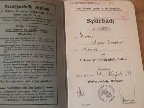 altes Sparbuch Anklam , 1933 - 1944 , Meise Broeker in Anklam i. Mecklenburg , Sparkasse !!