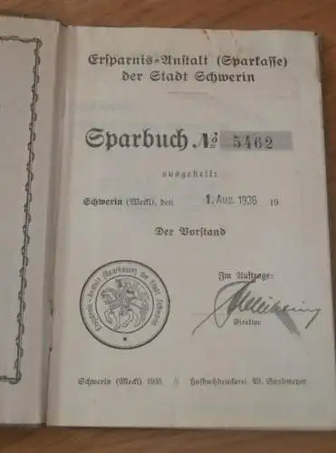 altes Sparbuch Schwerin , 1936 - 1945 , Wilhelm Nieske in Schwerin i. Mecklenburg , Sparkasse !!
