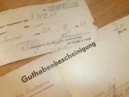 alte Dokumente 1941-1950 , Ducherow / Charlottenhof i. Mecklenburg , Rossin b. Anklam , Sparkasse , Bank !!