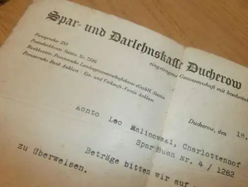 alte Dokumente 1941-1950 , Ducherow / Charlottenhof i. Mecklenburg , Rossin b. Anklam , Sparkasse , Bank !!