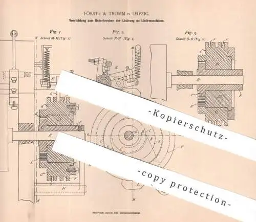 original Patent - Förste & Tromm , Leipzig , 1896 , Unterbrechen der Linierung an Liniermaschinen | Lineal Druck Papier