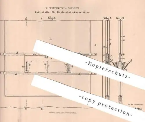 original Patent - R. Berkowitz , Dresden , 1896 , Zahlschalter an Straßenbahn - Türen | Fahrgeld , Schaffner , Eisenbahn