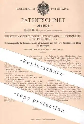 original Patent - Werkzeugmaschinenfabrik Ludwigshafen , H. Hessenmüller , 1895 , Selbstgangschloss für Drehbank !|