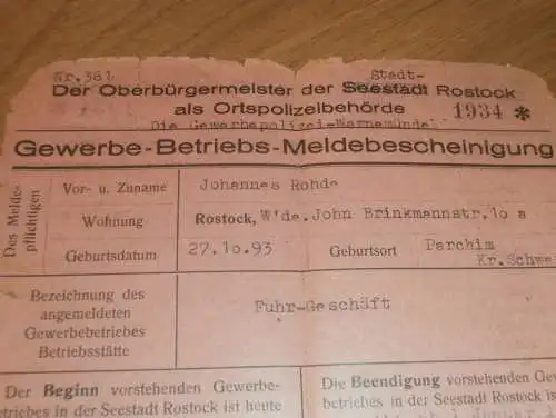 Polizei , Rostock - Warnemünde , 1946 - 1950 , altes Dokument , Johannes Rohde in Parchim , Mecklenburg !!