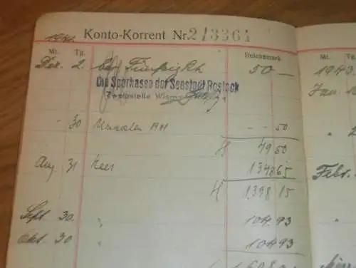 altes Sparbuch Rostock , 1941 - 1944 , Harry Reder in Rostock i. Mecklenburg , Sparkasse !!