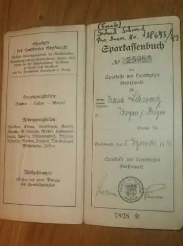 altes Sparbuch Greifswald , 1940 - 1945 , Traute Schwartz in Bergen a. Rügen i. Mecklenburg , Sparkasse !!