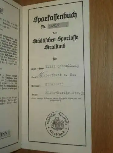 altes Sparbuch Stralsund , 1941 - 1944 , Leutnant zur See Willi Schmolling in Stralsund i. Mecklenburg , Sparkasse !!