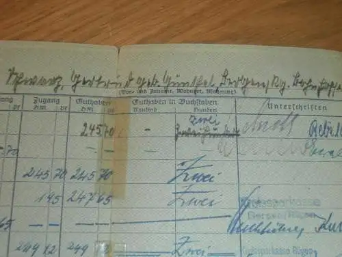 altes Sparbuch Putbus a. Rügen , 1952 - 1958 , Gertrud Schwarz in Bergen a. Rügen i. Mecklenburg , Sparkasse , Bank !!