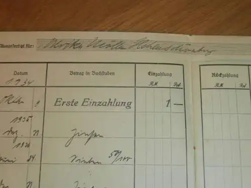 altes Sparbuch Kalkhorst , 1934 - 1950 , Ulrike Möller in Kalkhorst b. Klütz i. Mecklenburg , Sparkasse , Bank !!