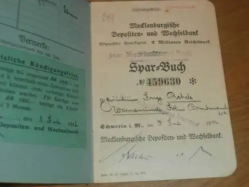 altes Sparbuch Schwerin , 1942 - 1946 , Inge Rohde in Warnemünde i. Mecklenburg , Sparkasse , Bank !!