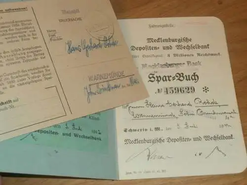altes Sparbuch Schwerin , 1942 - 1946 , Hans Rohde in Warnemünde i. Mecklenburg , Sparkasse , Bank !!