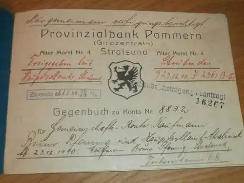altes Sparbuch Stralsund , 1933 - 1944 , Provinzialbank Pommern , Bruno Pfennig , Mecklenburg , Sparkasse , Bank !!