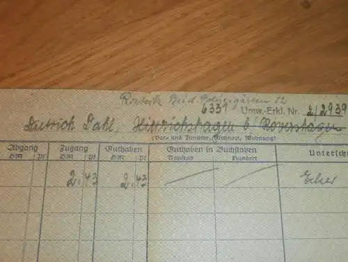 altes Sparbuch Rostock , 1952 , Dietrich Dahl in Hinrichshagen b. Rövershagen i. Mecklenburg , Sparkasse , Bank !!