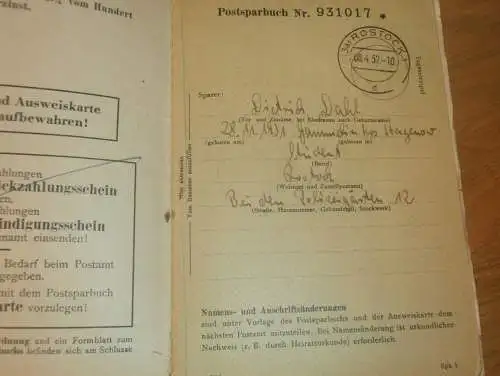 altes Sparbuch Rostock , 1952 -1955 , Dietrich Dahl in Gammelin b. Hagenow i. Mecklenburg , Sparkasse , Bank !!