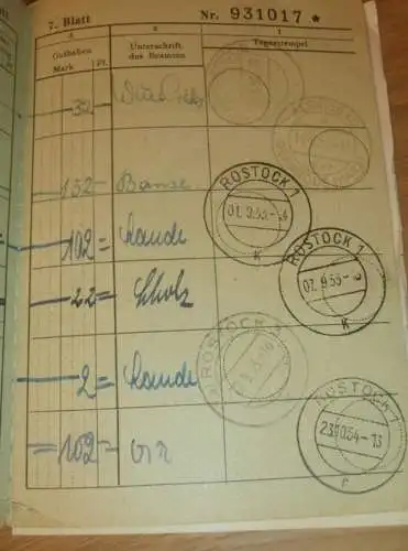 altes Sparbuch Rostock , 1952 -1955 , Dietrich Dahl in Gammelin b. Hagenow i. Mecklenburg , Sparkasse , Bank !!
