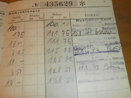 altes Sparbuch Rostock , 1940 -1943 , Magdalena Stachow in Potsdam , Mecklenburg , Sparkasse , Bank !!