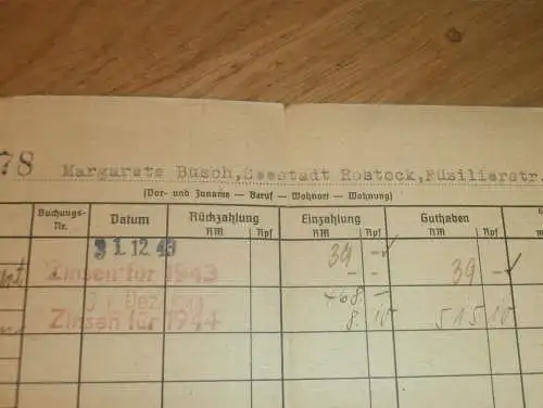 altes Sparbuch Rostock , 1943 - 1944 , Margarete Busch in Rostock i. Mecklenburg , Sparkasse , Bank !!!