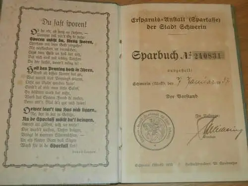 altes Sparbuch Schwerin , 1937 - 1944 , Susanne Rüß in Schwerin i. Mecklenburg , Sparkasse !!
