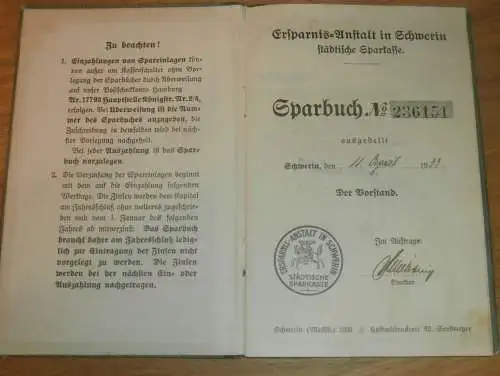altes Sparbuch Schwerin , 1933 - Mai 1945 , Karl Rüß in Schwerin i. Mecklenburg , Sparkasse !!