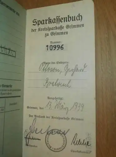 altes Sparbuch Grimmen , 1939 - 1946 , Gerhard Ottoson in Bretwisch / Süderholz i. Mecklenburg , Sparkasse !!