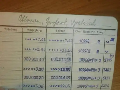 altes Sparbuch Grimmen , 1939 - 1946 , Gerhard Ottoson in Bretwisch / Süderholz i. Mecklenburg , Sparkasse !!