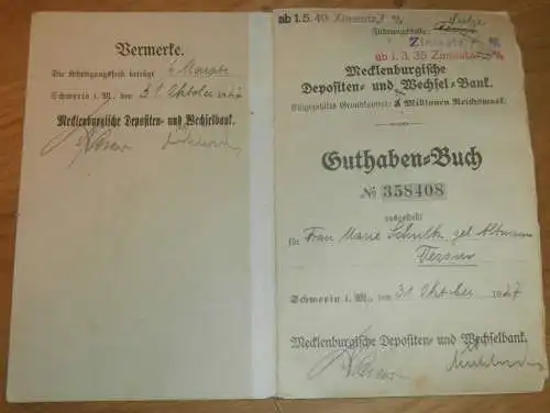 altes Sparbuch Schwerin , 1927 - 1945 , Marie Schultz geb. Altmann in Tessin i. Mecklenburg , Sparkasse !!