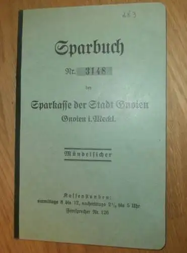 altes Sparbuch Gnoien , 1936-1944 , Justizinspektor Friedrich Schultz in Tessin / Bad Sülze  i. Mecklenburg , Sparkasse