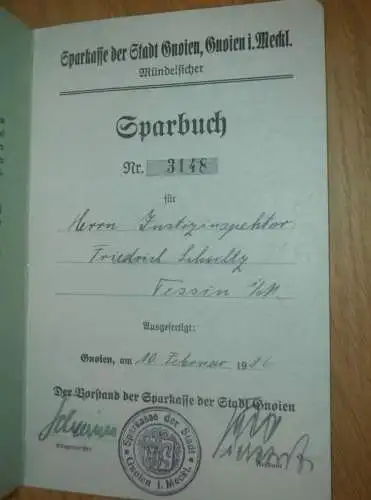 altes Sparbuch Gnoien , 1936-1944 , Justizinspektor Friedrich Schultz in Tessin / Bad Sülze  i. Mecklenburg , Sparkasse