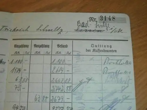altes Sparbuch Gnoien , 1936-1944 , Justizinspektor Friedrich Schultz in Tessin / Bad Sülze  i. Mecklenburg , Sparkasse