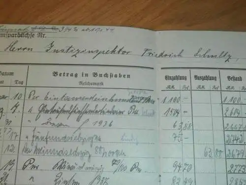 altes Sparbuch Gnoien , 1936-1944 , Justizinspektor Friedrich Schultz in Tessin / Bad Sülze  i. Mecklenburg , Sparkasse