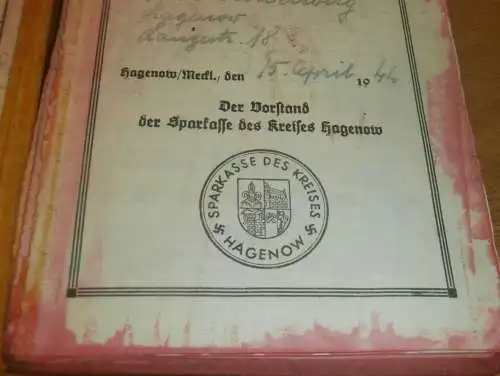 altes Sparbuch Hagenow , 1944 - 1945 , Karl Flottenberg in Hagenow i. Mecklenburg , Sparkasse