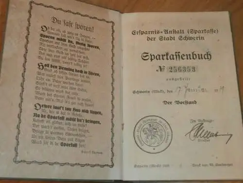 altes Sparbuch Schwerin , 1939 - 1942 , Richard Rüß in Schwerin i. Mecklenburg , Sparkasse , Bank !!