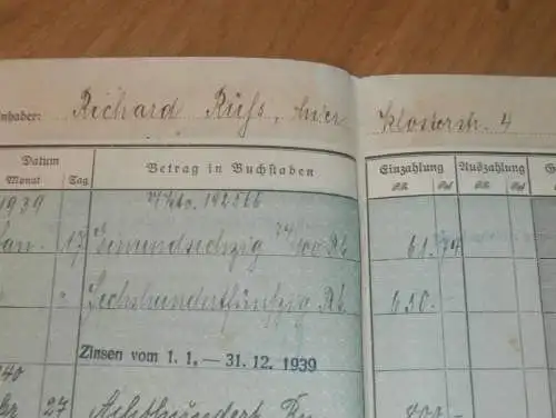 altes Sparbuch Schwerin , 1939 - 1942 , Richard Rüß in Schwerin i. Mecklenburg , Sparkasse , Bank !!