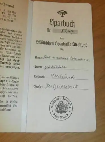 altes Sparbuch Stralsund , 1937 - 1944 , Anneliese Lohmann geb. Dibbelt in Stralsund i. Mecklenburg , Sparkasse , Bank