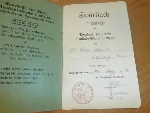 altes Sparbuch Neustadt-Glewe , 1936 - 1946 , Ella Ahrendt in Neuhof i. Mecklenburg , Sparkasse , Bank !!!