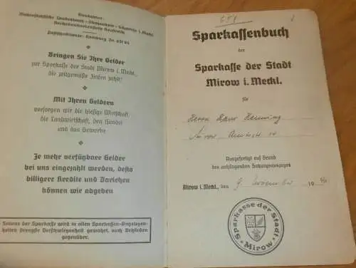 altes Sparbuch Mirow , 1940 - 1946 , Hans Henning in Mirow i. Mecklenburg , Sparkasse , Bank !!!