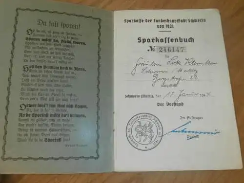 altes Sparbuch Schwerin , 1944 - 1945 , Lotte Klemkow in Schwerin i. Mecklenburg , Sparkasse , Bank !!!