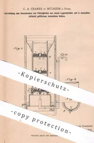 original Patent - G. A. Cramer , Mülheim / Ruhr , 1901 ,  Ausschenken von Flüssigkeiten | Zapfanlage , Bier , Ausschank