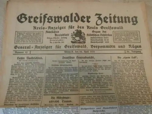 Greifswalder Zeitung , 24.04.1918, Greifswald in Mecklenburg , Pommern , Rügen , viel Reklame !!!