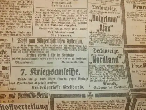 Greifswalder Zeitung , 24.04.1918, Greifswald in Mecklenburg , Pommern , Rügen , viel Reklame !!!