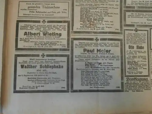 Greifswalder Zeitung , 24.04.1918, Greifswald in Mecklenburg , Pommern , Rügen , viel Reklame !!!