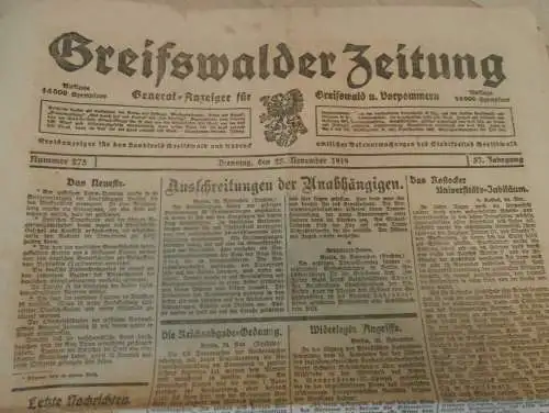 Greifswalder Zeitung , 25.11.1919 , Greifswald in Mecklenburg , viel Reklame !!!